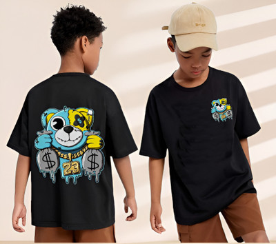 Show In Style Boys Printed Pure Cotton Oversized T Shirt(Black, Pack of 1)