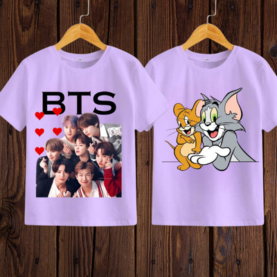 Adishree Associates Boys & Girls Printed Polycotton Regular T Shirt(Purple, Pack of 2)