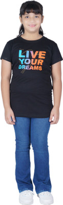 stylestorm Girls Graphic Print Pure Cotton Regular T Shirt(Black, Pack of 1)