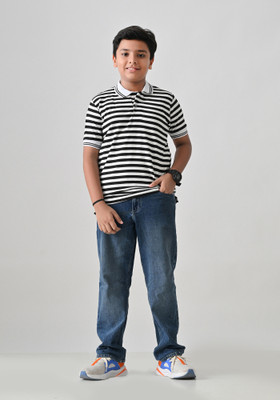 IndiWeaves Boys Striped Pure Cotton Regular T Shirt(Grey, Pack of 1)