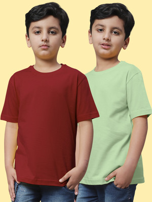 FBAR Boys Solid Pure Cotton Regular T Shirt(Maroon, Green, Pack of 2)