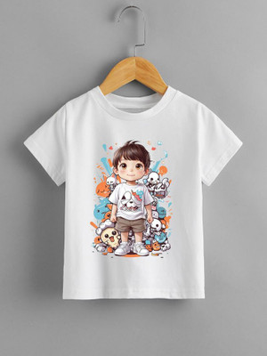 Kp Printofashions Boys & Girls Printed Polyester Regular T Shirt(White, Pack of 1)
