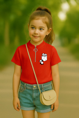 Rory Girls Printed Cotton Blend Regular T Shirt(Red, Pack of 1)