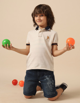 U.S. POLO ASSN. Baby Boys Self Design Pure Cotton Regular T Shirt(Beige, Pack of 1)