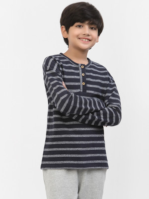 Spunkies Boys Striped Organic Cotton Regular T Shirt(Dark Blue, Pack of 1)