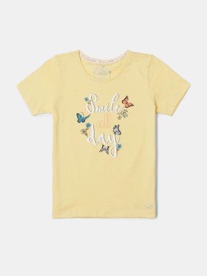 JOCKEY Girls Typography, Printed Pure Cotton T Shirt(Yellow, Pack of 1)