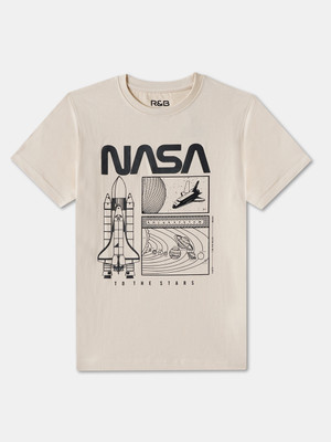 R&B Boys Graphic Print Pure Cotton Regular T Shirt(Beige, Pack of 1)
