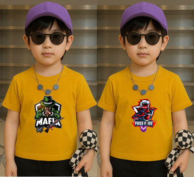 Lecowar Boys Printed Polyester Regular T Shirt(Yellow, Pack of 1)