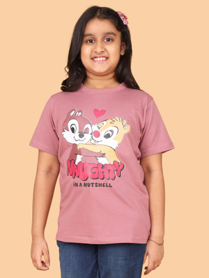 BUTRU Girls Printed Cotton Blend Regular T Shirt(Pink, Pack of 1)