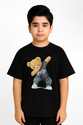 BHAIJIFASHION Boys Printed, Self Design, Graphic Print Cotton Blend Oversized T Shirt(Black, Pack of 1)