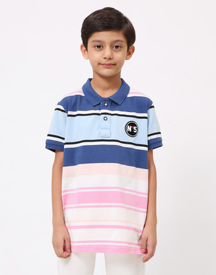 MONTE CARLO Boys Striped Cotton Blend Regular T Shirt(Blue, Pack of 1)