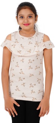 Colours of Cotton Girls Printed Pure Cotton T Shirt(Beige, Pack of 1)