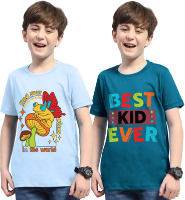 Kiddy Viddy Boys Printed Cotton Blend Regular T Shirt(Light Blue, Dark Blue, Pack of 2)