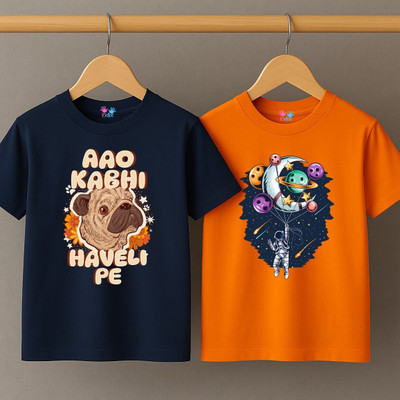 Kidloo Boys Graphic Print Pure Cotton Regular T Shirt(Dark Blue, Pack of 2)