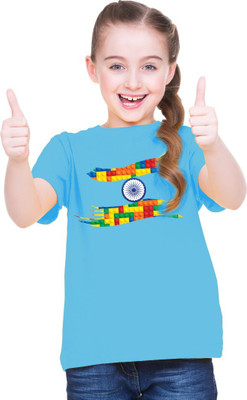 BRATMA Girls Printed Pure Cotton Regular T Shirt(Blue, Pack of 1)