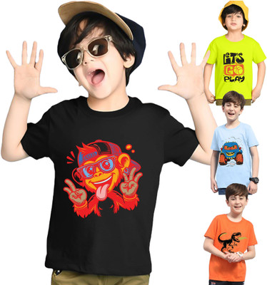 Kiddy Viddy Boys Graphic Print Cotton Blend Regular T Shirt(Light Blue, Light Green, Pack of 4)