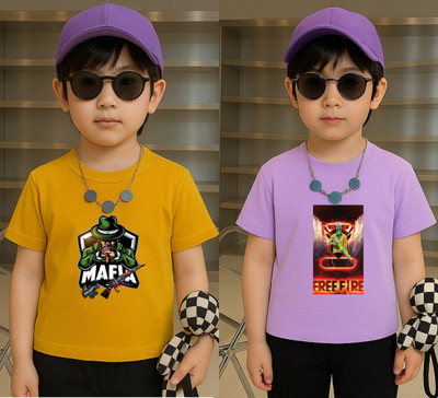 Lecowar Boys Printed Polyester Regular T Shirt(Yellow, Purple, Pack of 2)