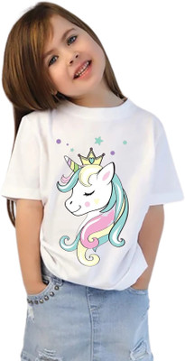 Truebiz Girls Printed Polyester Regular T Shirt(White, Pack of 1)
