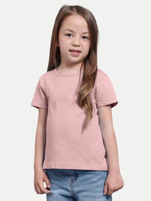 radprix Girls Solid Cotton Blend Regular T Shirt(Pink, Pack of 1)