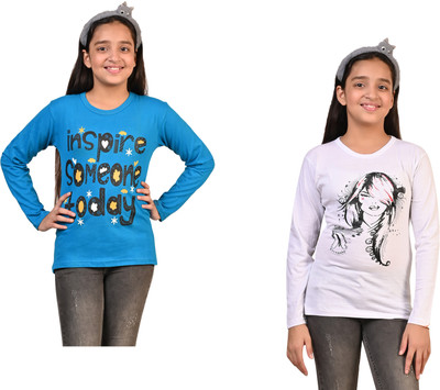 Indistar Girls Printed Pure Cotton Regular T Shirt(Multicolor, Pack of 2)