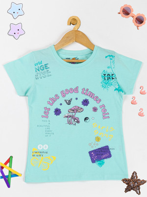 PAMPOLINA Girls Solid Cotton Blend Regular T Shirt(Blue, Pack of 1)