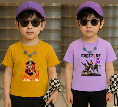 Lecowar Boys Graphic Print Polyester Regular T Shirt(Yellow, Purple, Pack of 2)