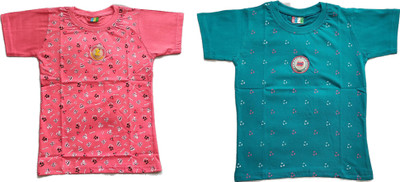 KidsTeen Boys & Girls Solid, Geometric Print Cotton Blend Regular T Shirt(Pink, Blue, Pack of 2)