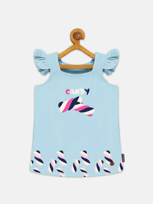 Kiddo Paanti Girls Typography, Graphic Print Pure Cotton Regular T Shirt(Light Blue, Pack of 1)