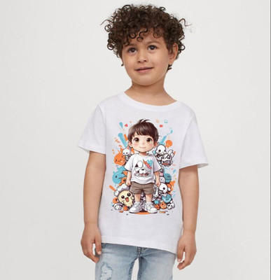KPPRINT Boys & Girls Printed Cotton Blend Regular T Shirt(White, Pack of 1)