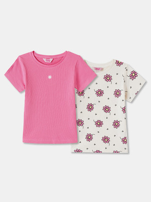 R&B Girls Graphic Print Pure Cotton Regular T Shirt(Multicolor, Pack of 2)