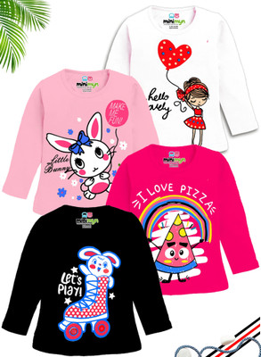 MINI MYN Girls Printed Cotton Blend Regular T Shirt(Multicolor, Pack of 4)