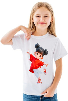 BQC Girls Printed Polyester Regular T Shirt(White, Pack of 1)
