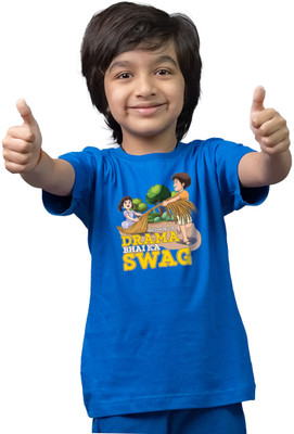 Tedhi Medhi Family Boys & Girls Printed Pure Cotton Regular T Shirt(Blue, Pack of 1)