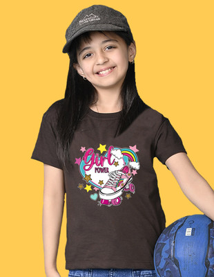Nusyl Girls Graphic Print Cotton Blend Oversized T Shirt(Brown, Pack of 1)