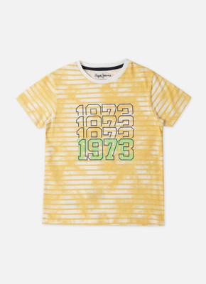 Pepe Jeans Boys Striped Pure Cotton Regular T Shirt(Yellow, Pack of 1)