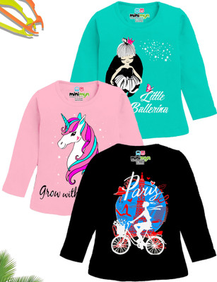MINI MYN Girls Printed Cotton Blend Regular T Shirt(Multicolor, Pack of 3)