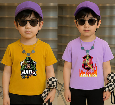 Lecowar Boys Printed Polyester Regular T Shirt(Yellow, Purple, Pack of 2)