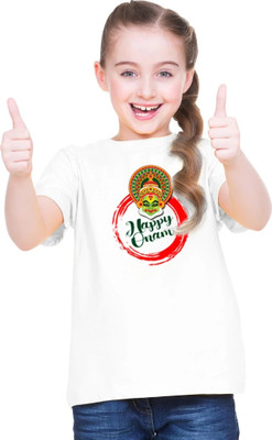 CHOMBOOKA Girls Printed Polyester Regular T Shirt(White, Pack of 1)