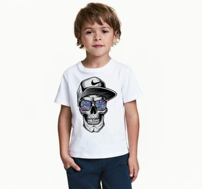 KPPRINT Boys Printed Cotton Blend Regular T Shirt(White, Pack of 1)