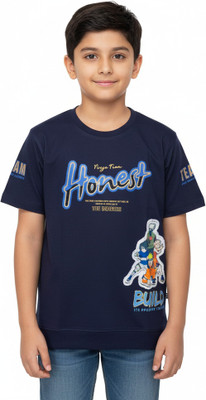 Peddy&Co Boys Embroidered Cotton Blend Regular T Shirt(Blue, Pack of 1)