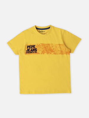 Pepe Jeans Boys Graphic Print Pure Cotton Regular T Shirt(Yellow, Pack of 1)
