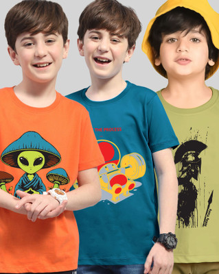 AOOSH Boys Printed Cotton Blend Regular T Shirt(Multicolor, Pack of 3)