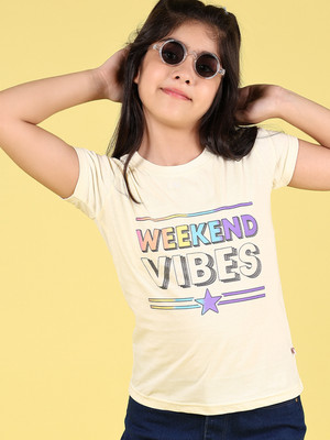 V-MART Girls Printed Cotton Blend Regular T Shirt(Beige, Pack of 1)