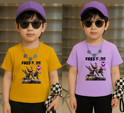 Lecowar Boys Graphic Print Polyester Regular T Shirt(Yellow, Purple, Pack of 2)