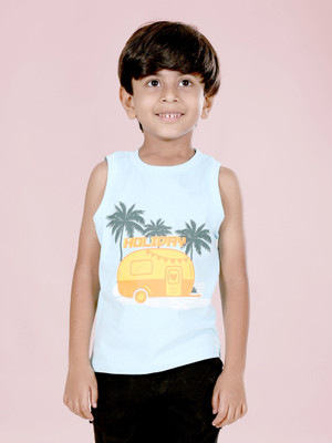 Kiddo Paanti Boys Printed Pure Cotton Regular T Shirt(White, Pack of 1)