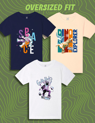 Nusyl Boys Graphic Print Cotton Blend Oversized T Shirt(Multicolor, Pack of 3)