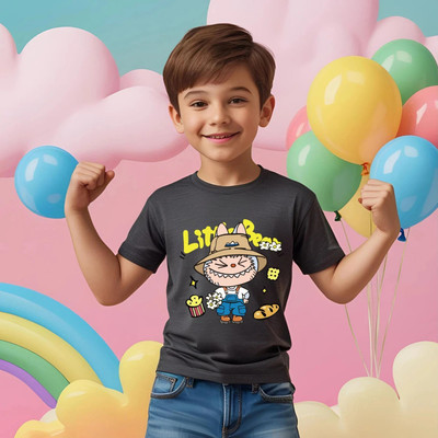 Kidloo Boys Labubu, Graphic Print Cotton Blend Regular T Shirt(Grey, Black, Pack of 1)