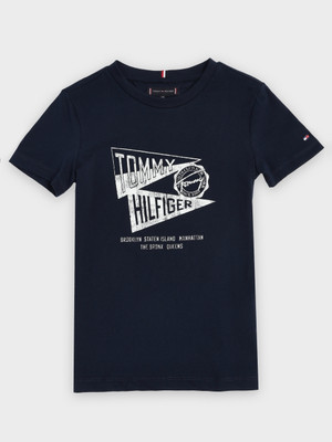TOMMY HILFIGER Boys Graphic Print Pure Cotton Regular T Shirt(Blue, Pack of 1)