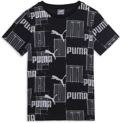 PUMA Boys Printed Pure Cotton Regular T Shirt(Black, Pack of 1)