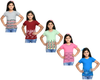 IndiWeaves Girls Printed Pure Cotton Regular T Shirt(Multicolor, Pack of 5)
